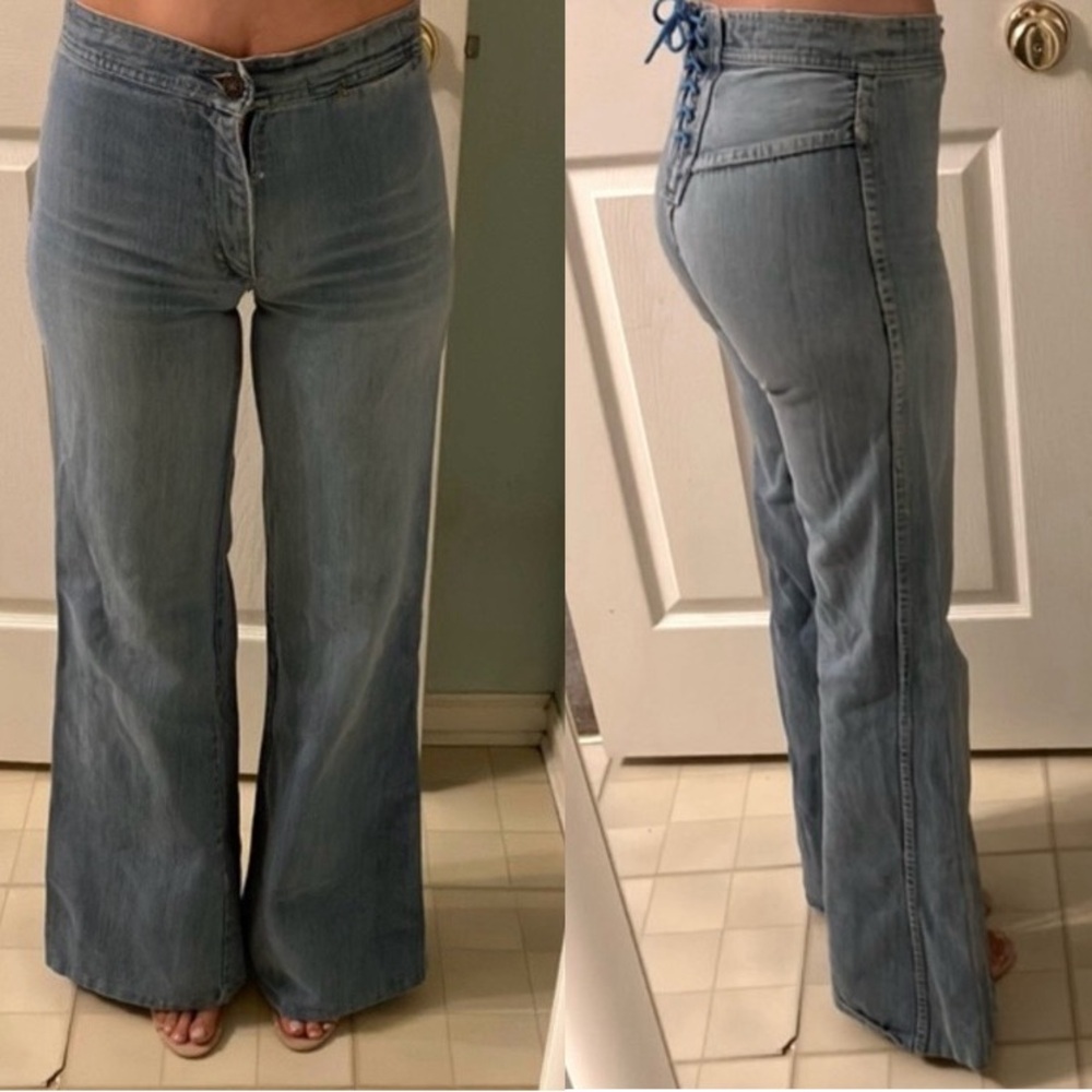 Vintage 70s Hippie Bell Bottom Jeans Corset Back Size 23 24